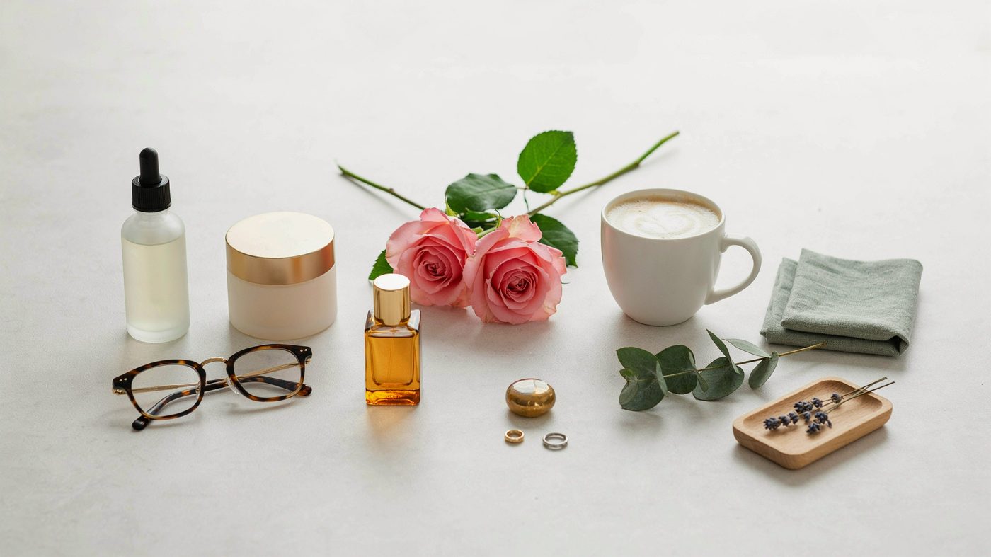 美容品のイメージ、スキンケアアイテムとバラの花